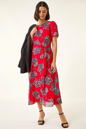 Roman Floral Print Pleat Neck Midi Dress