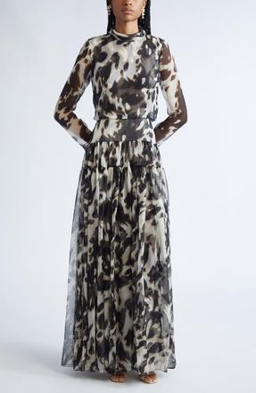 Oscar De La Renta Cow Print Long Sleeve Sheer Silk Dress in Ecru/Black at Nordstrom, Size 2