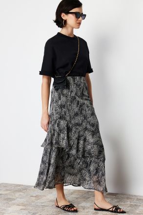 Trendyol Modest Dames Zwart Dierenprint Maxi Uitlopend rok A-lijn Modest Rokken