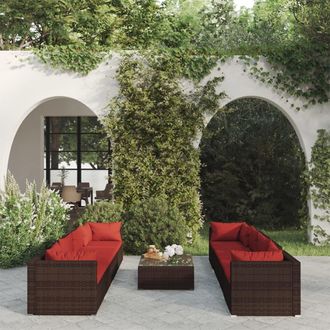 vidaXL Set Muebles De Jard&iacute;n 9 Piezas Y Cojines Rat&aacute;n Sint&eacute;tico Marr&oacute;n Vidaxl