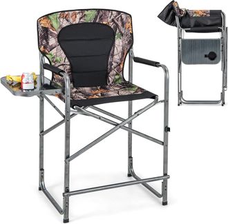 Costway Costway Silla Plegable Camping Alta, Silla Director Plegable Con Mesa Lateral, Silla Pesca Reposapi&eacute;s Desmontable, Portavasos, 62 X 56 X 110 Cm, Carga