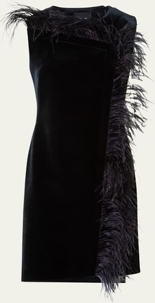 Akris Neoprene Velvet Feather-Trim Asymmetric Mini Dress