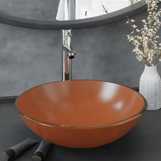 Berkfield Home Bathroom Sink with Tap & Push Drain Brown Tempered Glass