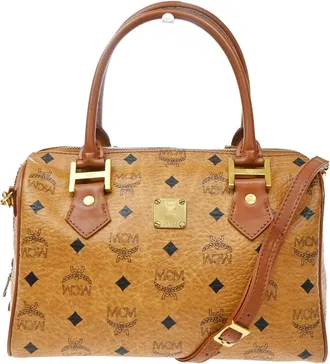 MCM Visetos Logogramme Canvas And Leather Brown Leather Handbag (Pre-Owned)