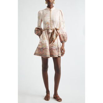 Zimmermann Alchemy Paisley Long Sleeve Belted Linen Minidress in Pink Paisley at Nordstrom, Size 0P