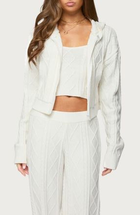 Edikted Louise Cable Stitch Hoodie in White at Nordstrom, Size X-Large