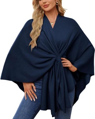 Generic Womens Soft One-Piece Solid Color Shawl Wrap, Elegant Open Front Poncho Sweater for Casual and Formal Wear (Navy,One Size)