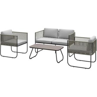 OUTSUNNY Set da Esterno in Rattan Divano, 2 Poltrone e Tavolino in Vetro Grigio