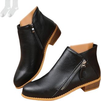 Generic Womens Ankle Boots in A Leather Look, Fashionable Ankle Boots with A Low Block Heel And Side Zipper, Comfortable Boots with A Round Toe for Everyday W