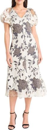 Maggy London Illusion Floral Puff Sleeve Midi Dress in Gray/Ivory at Nordstrom, Size 16