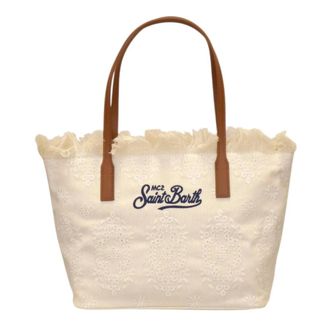 Saint Barth Tote Bags, female, Beige, Size: ONE SIZE Large Denim Tote with Sangallo Lace and Leather Handles