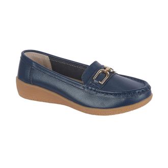 Jo & Joe Womens Leather Comfort Loafers with Gold Buckle - Cushioned Wedge Slip-On Smart Casual Shoes Sizes 4-8 (Royal Blue, UK Footwear Size System, Adult, Wo