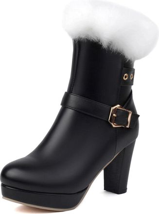 Generic Womens Round Toe Platform Boots with Buckle Chunky High Heel Winter Boots PU Leather Short Boot with Side Zipper,Black,3.5 UK