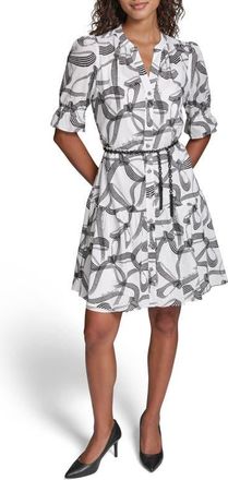 Karl Lagerfeld Ribbon Print Belted Cotton Shirtdress in Soft White/Black Multi at Nordstrom, Size 10