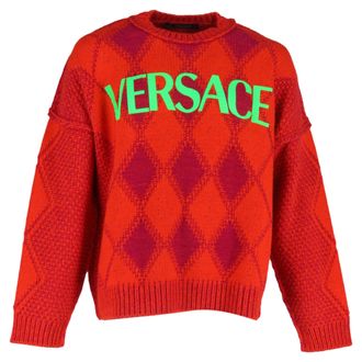 Versace Logo Argyle Sweater in Red Wool