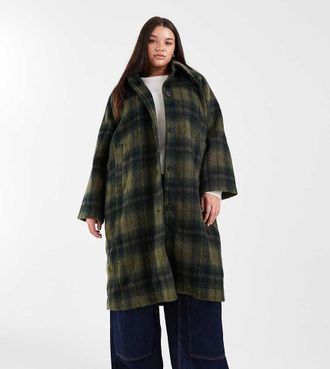 Noisy May Cappotto lungo effetto lana spazzolato verde scuro a quadri