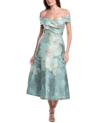 Teri Jon by Rickie Freeman Metallic Jacquard Floral Off Shoulder A-Line Dress