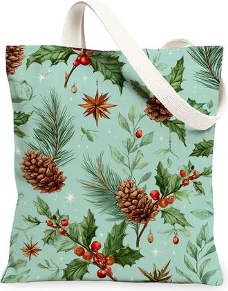 Generic Pine Cone Holiday Canvas Tote Bags, Festive Floral Print Reusable Grocery Bags, Winter Rustic Lightweight Washable Shoulder, Mint, 13x15 Inch