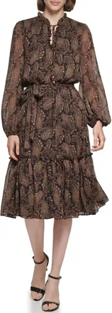 Tommy Hilfiger Long Chiffon Balloon Sleeve Wrap Midi Dress In Ivory Multi
