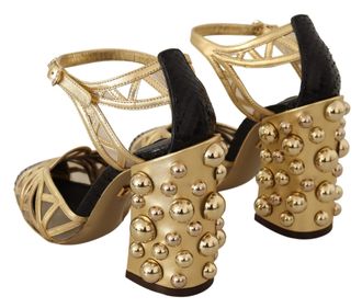 Dolce & Gabbana Womens Black Gold Leather Studded Ankle Straps Shoes