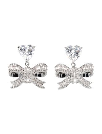 Self Portrait Silver Crystal Heart Bow Drop Earrings