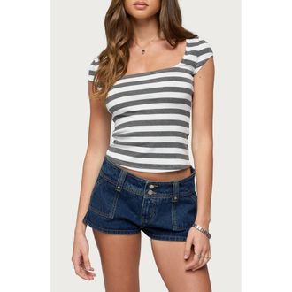 Edikted LETSHA STRIPED SQUARE NECK TOP in Gray-And-White at Nordstrom, Size X-Large