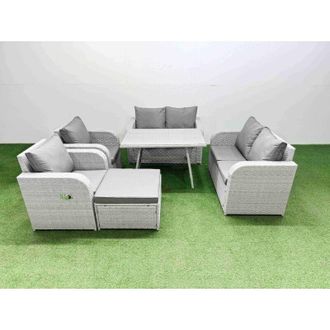 Fimous 7 Seater Rattan Garden Furniture Set Outdoor Love Sofa Set with Rectangular Dining Table Big Footstool Light Grey - Fimous