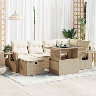 vidaXL Vidaxl - Set Sof&aacute;s De Jard&iacute;n 7 Piezas Y Cojines Rat&aacute;n Sint&eacute;tico Beige