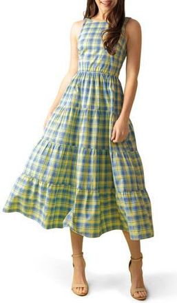 Flying Tomato Plaid Tiered Cotton Midi Dress in Yellow Blue at Nordstrom Rack, Size Medium