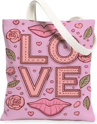 Generic ValentineS Day Floral Canvas Tote Bags, Love Kiss Pattern Reusable Shopping Bags, Cute Vintage Lightweight Washable Canvas, Peach, 13x15 Inch