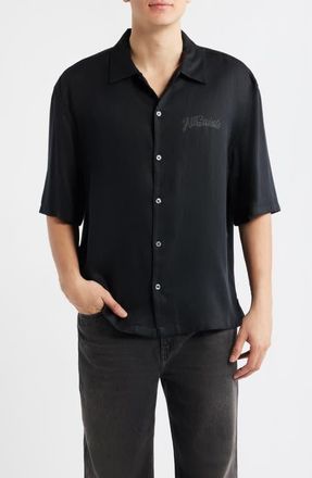 AllSaints Circe Logo Graphic Oversize Short Sleeve Button-Up Shirt in Jet Black at Nordstrom, Size X-Large