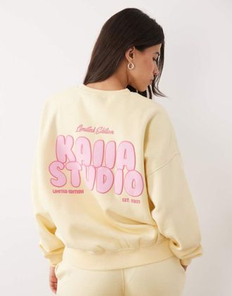KAIIA Felpa oversize in misto cotone con stampa del logo sul retro color limone e rosa in coordinato-Giallo