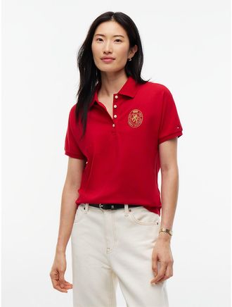 Tommy Hilfiger Womens Regular Fit Embroidered Crest Polo - Medium Red - XL