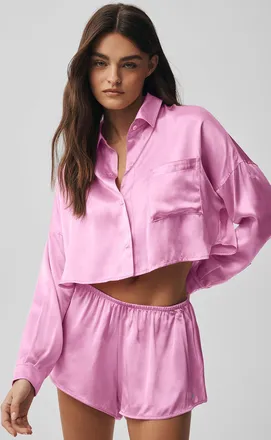Alo | Silk Luminous Cropped Button Down Long Sleeve Underwear in Candy Heart Pink, Size: Medium