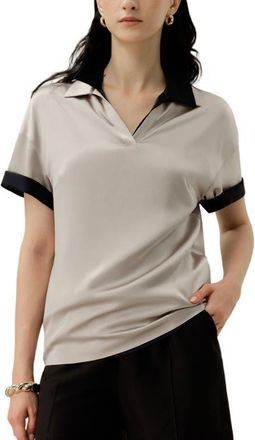 LilySilk Womens Washable Silk Charmeuse Polo Top in Silvergray at Nordstrom, Size X-Small