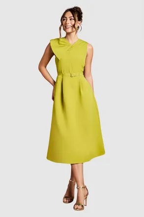 Coast Bow Crepe Belted Midi Dress in Acid Lime at Nordstrom, Size 8