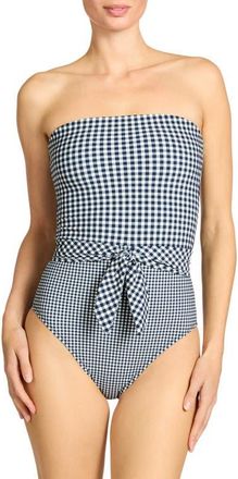 Robin Piccone Brigitte Strapless Tie Waist One-Piece Swimsuit in Navy/Cream at Nordstrom, Size 12