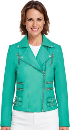 Infinity Leather Womens Aqua Blue Brando Biker Jacket-Constantia - Green Lamb Leather - Size 16 UK