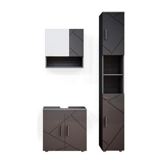 Vicco Conjunto De Muebles De Ba&ntilde;o Irma, Antracita Alto Brillo, 3 Partes, Con Mueble Alto