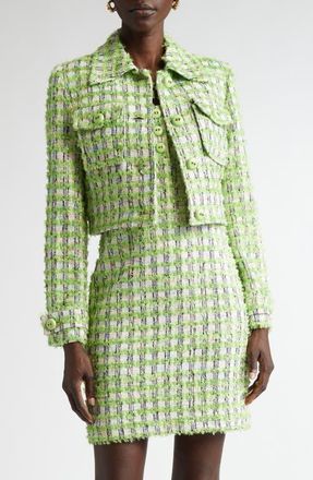 St. John Plaid Eyelash Tweed Crop Jacket in Cactus/Ivory Multi at Nordstrom, Size 10