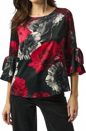 Joseph Ribkoff Floral Print Boat Neck 3/4 Sleeves Top In Black/red