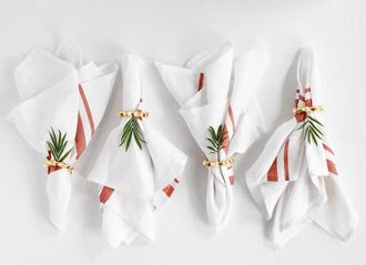 Solino Home Linen Dinner Napkins Set of 4, 20 x 20 Inch for Dining Table, Holiday and Everyday Table Decor - French Stripe in Red And White at