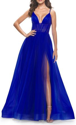 La Femme A-Line Tulle Gown with Illusion Bodice and Boning in Royal Blue at Nordstrom, Size 00