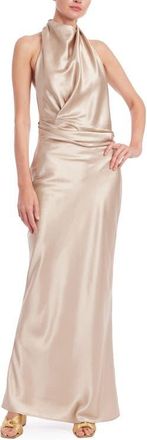 Badgley Mischka Cowl Halter Neck Metallic Satin Gown in Sand at Nordstrom, Size 12