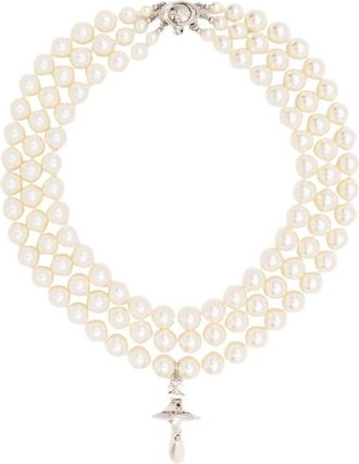 Vivienne Westwood Three Row Pearl Drop Choker - Dames - Kettingen - Grijs - ONE Size - Nylon - Accessoires