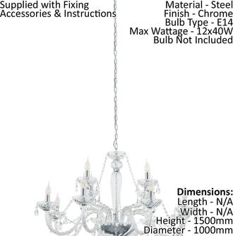 Loops Chandelier Light Chrome Plated Steel & Clear Glass Droplets Bulb E14 12x40W