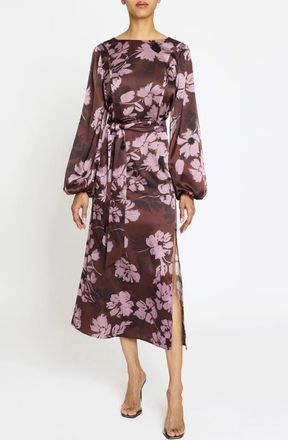 Santorelli Parker Fit and Flare Midi Dress in Floral Twill Crepe in Raisin at Nordstrom, Size 16
