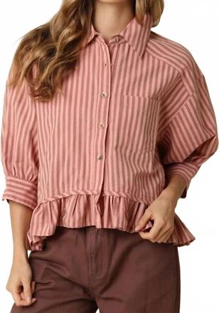 Olivaceous Striped Ruffle Hem Blouse In Peach