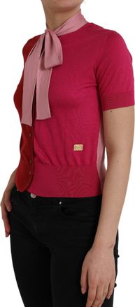 Dolce & Gabbana Womens Pink Short Sleeves Pullover Ascot Collar Top Silk