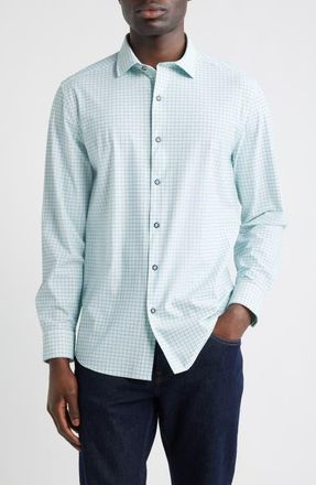 Johnston & Murphy XC Motion Performance Knit Button-Up Shirt in Green Windowpane at Nordstrom, Size Xxx-Large